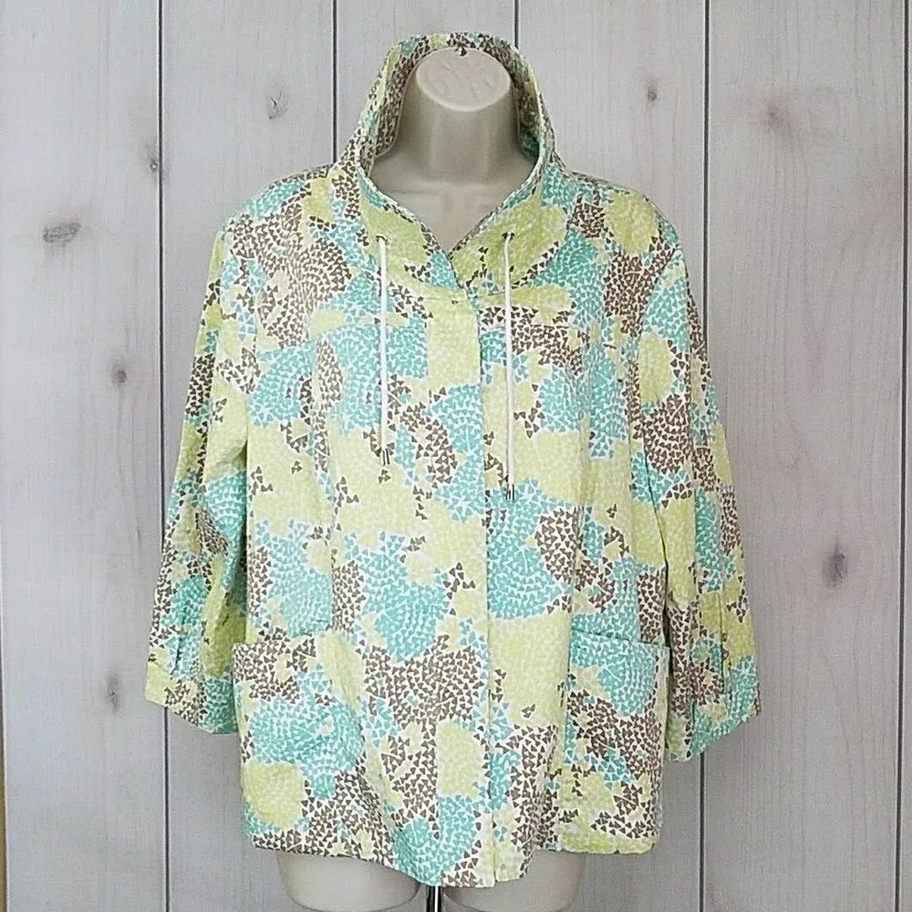 Christopher & Banks Green Blue Geometric Jacket XL Art To Wear Lagenlook Coastal